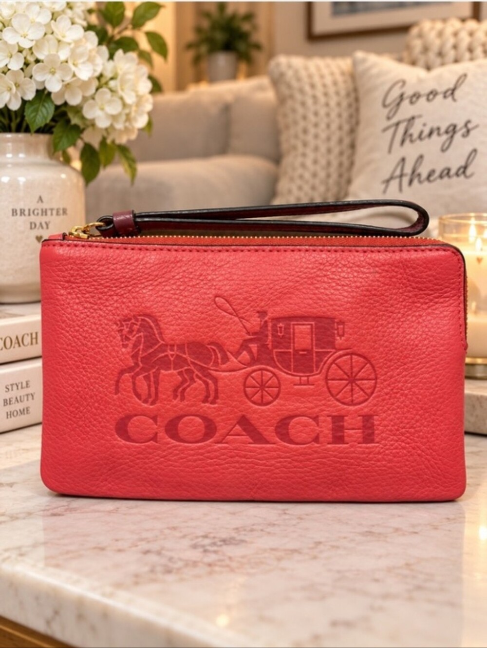 Coach Poppy Red Leather Large Corner Zip Wristlet with Horse & Carriage